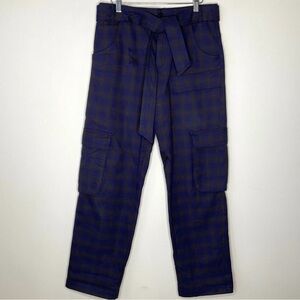 Zara Women's M Cargo Black Blue Plaid Cotton Front Tie Pants